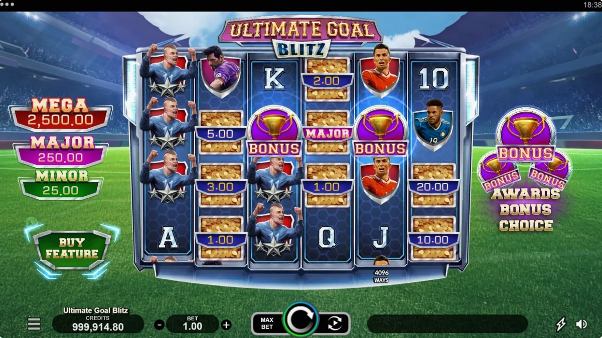 Pemandangan stadion sepak bola yang megah dengan lampu sorot terang dalam permainan slot Ultimate Goal Blitz